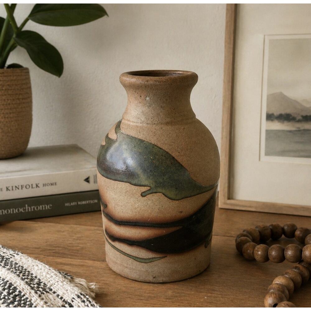 Vtg Alfadom Stoneware Vase Drip Glaze Signed Dominican Studio Pottery Earth Tone